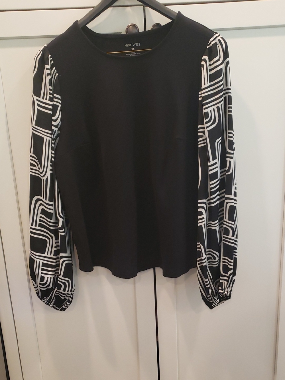 Nine West Black Blouse with Black & White Geometric Sleeves